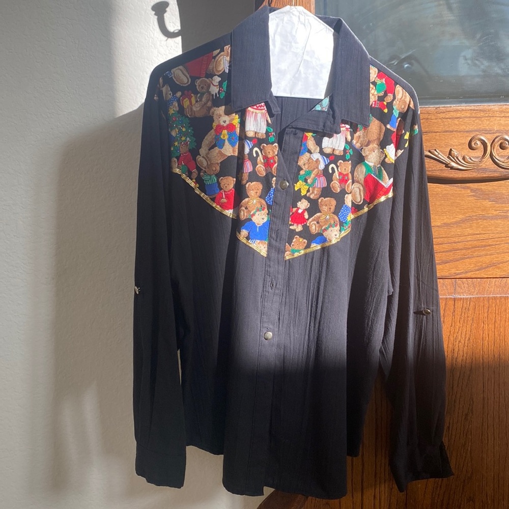 Retro‎ Vintage Christmas Teddy Bear Button Up Blouse Tapestry